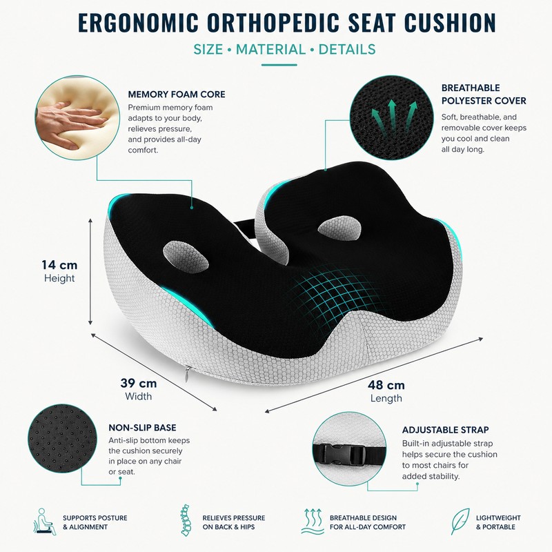 Memory Foam Seat Cushion for Long Sitting – Adjustable Coccyx