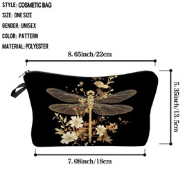 Livel lhood Floral Dragonfly Makeup Bag Cute Small Organizer Zipper Pouch Golden Floral Dragonfly Cosmetic Bag Birthday Present for Women Friends