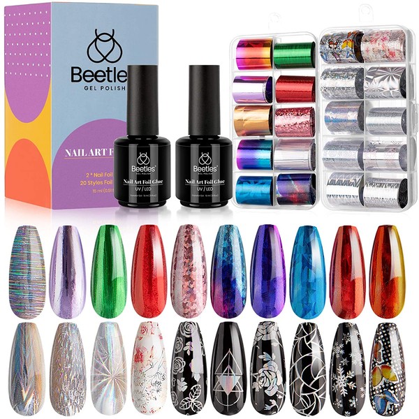 Beetles Nail Art Foil Glue Gel with Foil Stickers Set Nail Transfer Glues 2PCS 15ML Manicure Art DIY Nail 20PCS Stickers, Nail Dryer Curing Lamp Required Soak Off