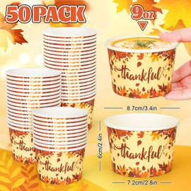 JarThenaAMCS 50Pcs Fall Thanksgiving Snack Cups Thankful Maple Leaves Disposable Paper Bowls Autumn Decorative Ice Cream Dessert Soup Bowls for Hot Cold Food Party Supplies