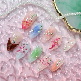 Almond Press on Nails Handmade Medium Long/Stiletto 3D Flower Fake Nail with Designs, Women Reusable False Nails (Colorful Floral, M)