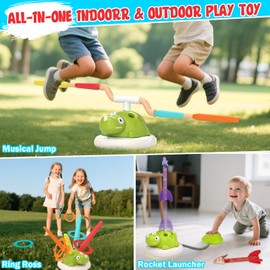 Indoor Outdoor Games for Kids, 3 in 1 Musical Jump, Ring Toss Game & Stomping Launcher Rocket for Kids, Dinosaur Sports & Outside Play Activities Toys with Remote Control for Toddlers 3-5 4-8