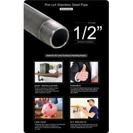 Supply Giant 1/2 Inch Galvanized Pipe, Half Inch Malleable Steel Pipes Fitting Build DIY Vintage Furniture, 1/2" x 24" (Pack Of 5)