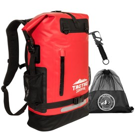 TACTIKO 35L Heavy-Duty 100% Waterproof Backpack with Carabiner - Marine Roll Top Floating Dry Bags for Kayaking, Hiking, Watersports, Camping, Survival (Red)