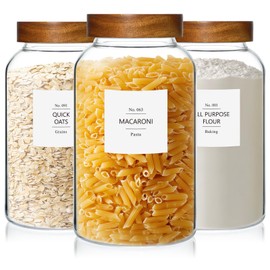 KEYWING 88oz Large Glass Jars with Airtight Acacia Wood Lids, Set of 3 Food Storage Containers for Flour, Sugar, Rice, Pasta, Cereal, Cookies – Includes 126 Labels