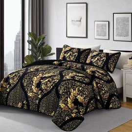 DJY Black Quilt Set Twin Size, Boho Gold Damask Bedspread Coverlet Set Soft Lightweight Microfiber Luxury Bedding Set 2 Pieces for All Season (86"x68")
