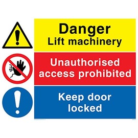 Viking Signs CM5240-A5L-V "Danger Lift Machinery, Unauthorised Access Prohibited, Keep Door Locked" Sign, Vinyl/Sticker, 200 mm H x 150 mm W