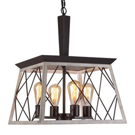 Q&S Farmhouse Vintage Chandelier, Rustic Pendant Light,Industrial Hanging Light Fixture for Dining Room Kitchen Island,Wrought Iron,ORB+Oak White 4 Lights E26 UL Listed