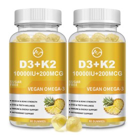 Vitamin D3 K2 Gummies, Vitamin D3 10000IU, K2 (MK-7) 200mcg, 6-in-1 Vitamina D3 Con K2 Supplement with Omega-3, Magnesium, Calcium and Zinc for Bones, Teeth & Immune Support, Sugar Free, 2 Packs