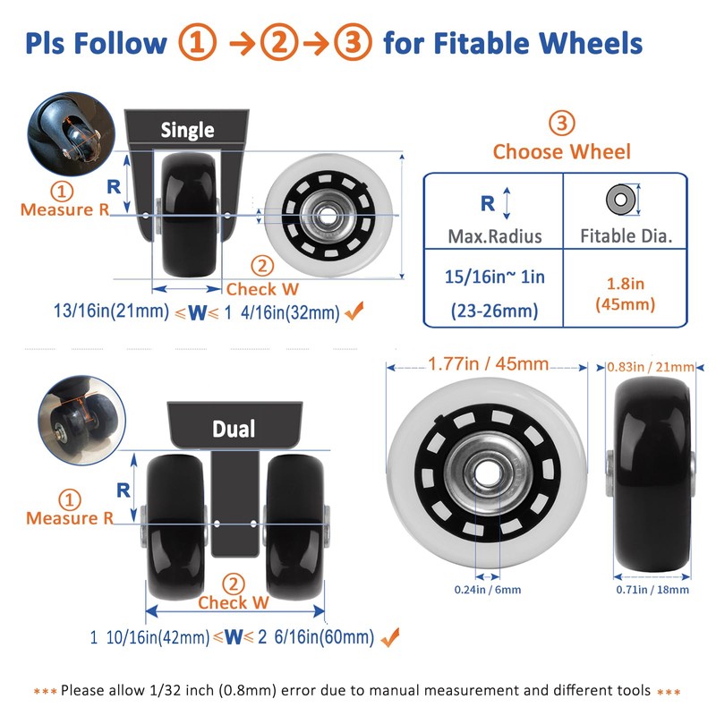 45mm Luggage Wheels Replacement with Ball Bearing, 4pcs Swivel Caster