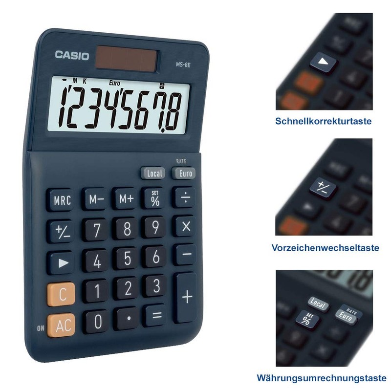 Casio Tischrechner MS-8E, 8-stellig, Währungsumrechnung, Gummifüße, Schnellkorrekturtaste, Solar-/Batteriebetrieb, silber