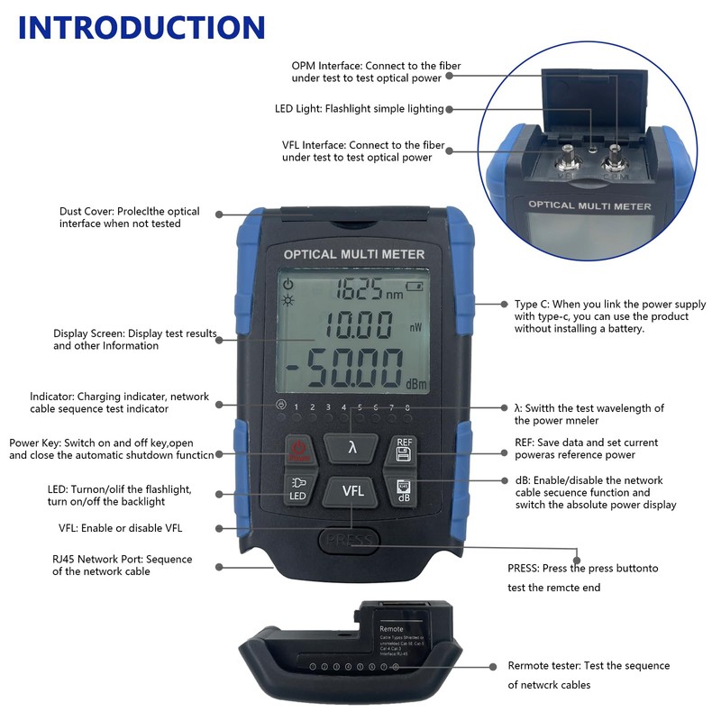5-in-1 Fiber Optic Cable Tester, Portable Optical Power Meter with