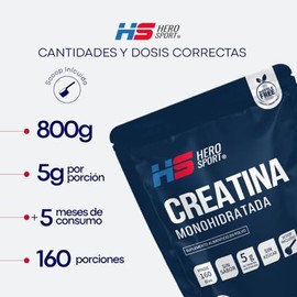 HS HERO SPORT Creatina Monohidratada Micronizada de Alta Pureza 800g Pre Entreno en Polvo. 5g de Creatina por Porción, 100% Pura, 100% Natural, 0 Azúc