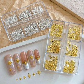400Pcs Star Nail Charms for Nails Art 3D Gold Silver Star Nail Charms Metallic Studs Rhinestones Star Nail Jewelry Decorations Manicure Kit Nails Art Supplies for Women Girls Acrylic Nails Accessories