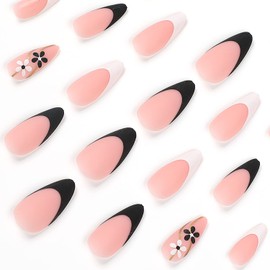 French Tip Press on Nails Medium Almond False Nails Full Cover Artificial Nails with flower Designs Spring Acrylic Fake Nails for Women DIY Manicure Decorations 24 Pcs