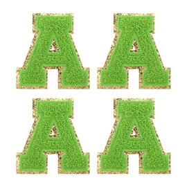 MECCANIXITY 4Pcs Chenille Letter Patches Iron on Letter Patches Green a Alphabet Decorative Repair Embroidered Patches for Clothing, Shoes, Hats, Backpacks