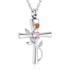 shajwo Cross Urn Necklace for Ashes Birthstone Rose Flower Cremation Jewelry for Women Gilrs Keepsake Memorial Ashes Pendant,Pink