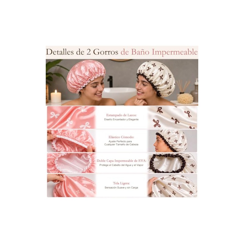 2Pzs Gorro de Ducha Grande Reutilizable de Doble Capa Impermeable