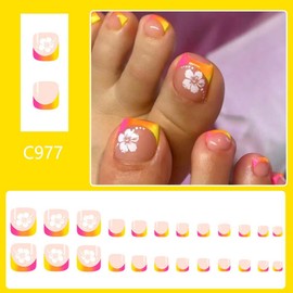 French Tips Press on Toenails Short Square False Toenails with White Flower Design Glossy Yellow Stick on Toenails Orange Pink Ombre Fake Toenails Reusable Summer Glue on Toes for Women Manicure 24Pcs