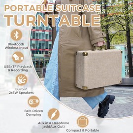 Vinyl Record Player Bluetooth Vintage 3-Speed Portable Suitcase LP Player with Built-in Speakers & USB Recording, 33 45 78RPM Belt-Driven Turntable Support RCA Out AUX-in Headphone Jack, Beige Linen