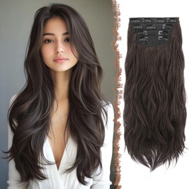 FESHFEN Clip in Hair Extensions for Women - 4 Pcs Thick Double Weft Long Wavy Soft Synthetic Blends Well Hair Extension, 20 inch Black Brown