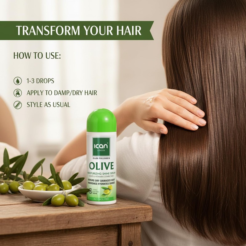 ican London Hair Polisher Olive Moisturizing Shine Serum Alcohol Free