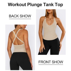 Hragc Womens Halter Tops Apricot Racerback Workout Tank Top for Women Plunge V Neck Split-Back Spaghetti Strap Fitted Ribbed Yoga Athletic Shirts Small