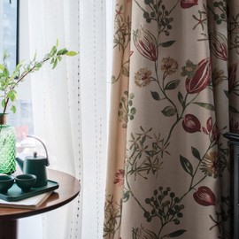 SUOUO Red Floral Curtains Linen Textured for Bedroom Printed Green Vine Farmhouse 96 inches Long 2 Panels Light Filtering Window Drapes Grommet for Living Room