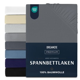 Dreamzie Premium fitted sheet 100 x 200 cm, fitted sheet for thick mattresses up to 22 cm, bed sheet 100% jersey cotton, 150 g/m², Oeko-Tex certified - dark grey