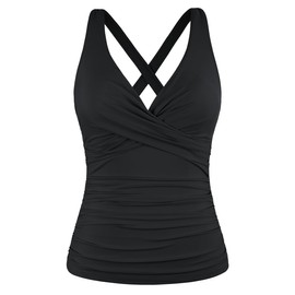 Hilor Women's Underwire Tankini Top Tummy Control Bathing Suits Sexy V Neck Crossover Swim Top Only, Black, 10