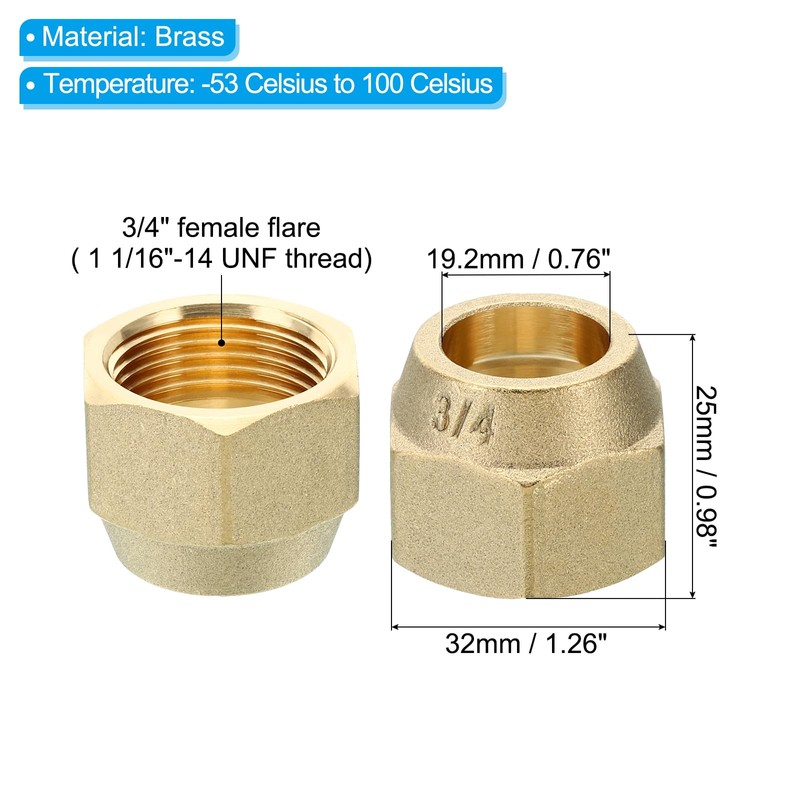 PATIKIL 3/4" Brass Flare Nut, 5pcs SAE 45 Degree Copper