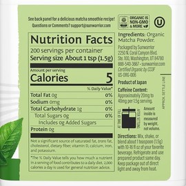 Organic Matcha Green Tea Powder Culinary Grade Matcha for Smoothies Baking Lattes Vegan Sugar & Dairy Free 225 Servings Sunwarrior