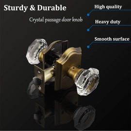 Gobrico Clear Glass Crystal Passage Door Knobs,Antique Brass Interior Crystal Door Handles for Hall Closet,2 Pack Keyless Door Lock