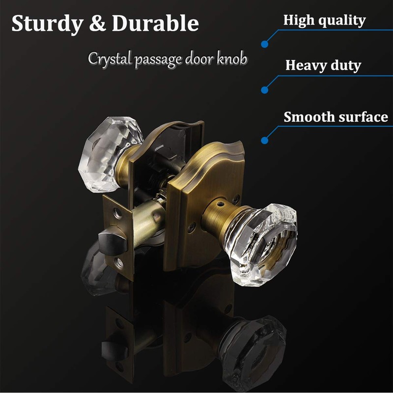 Gobrico Clear Glass Crystal Passage Door Knobs,Antique Brass Interior Crystal