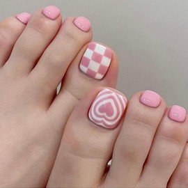 Pink Press On Toenails Short Square Fake Toenails Cute False Toenails With Heart Checkerboard Designs Glossy Acrylic Toenails Reusable Glue On Toe Nails Art For Woman And Girls 24pcs