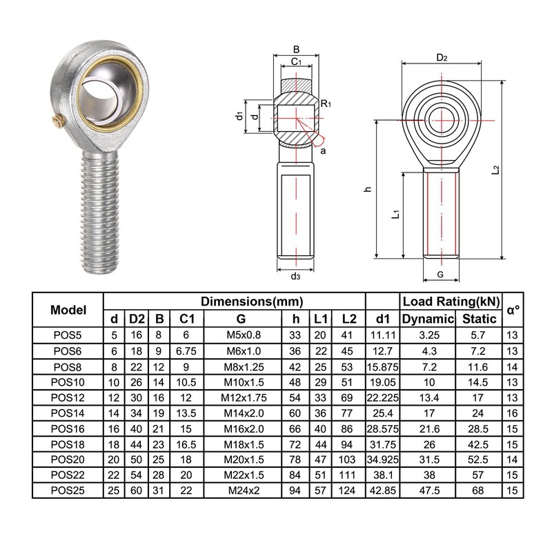 sourcing map POS12 M12 Plug Rod End Bearing M12 x