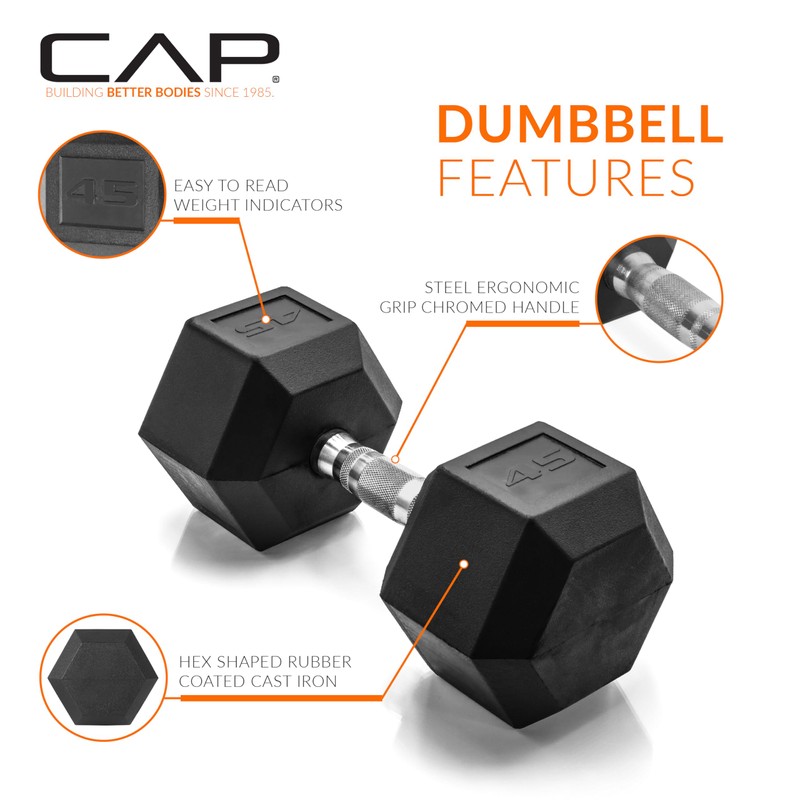 CAP Barbell 45 LB Coated Hex Dumbbell Weight, New Edition