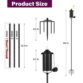 ZSPENG 6-Pack Garden Metal Torches, 60" Upgraded Citronella Torches with 5-Prong Grounded Stakes,16 oz Heavy-Duty Outdoor Torch Lights for Patio, Pathways, and Parties (Ultra-Stable Design)