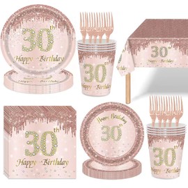 121Pcs 30th Birthday Party Supplies Plates Napkins Cups Forks Tablecloth Rose Gold Happy 30th Birthday Themed Disposable Tableware Decorations Serves 24 Guests for Women Her 30 Years