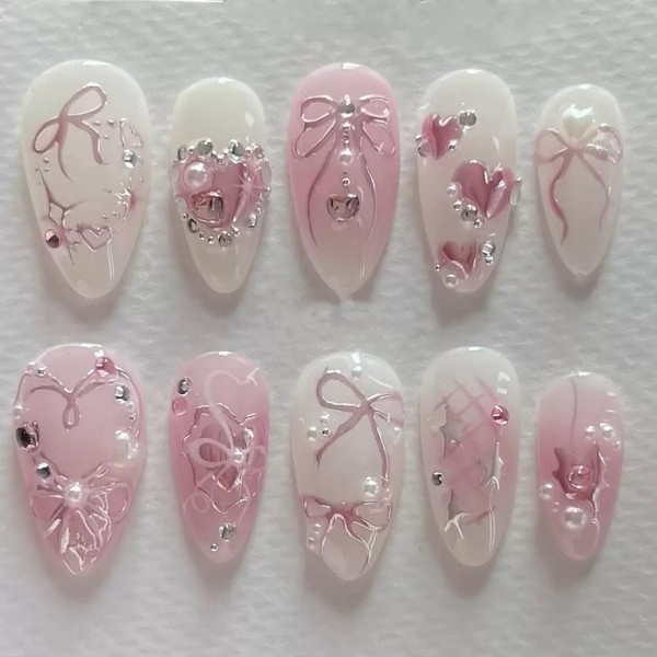 Almond Press on Nails Medium Fake Nails with 3D Bow