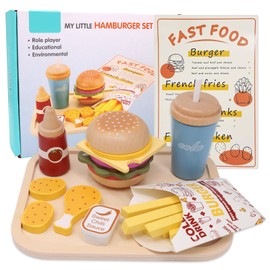 Wooden Toy Kitchen Accessories for Children - Wooden Hamburger Fast Food Set with German Menu, Ideal Toy for Mud Kitchen and Kitchen Accessories for Shops