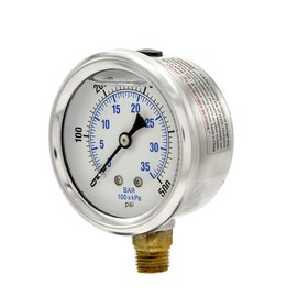 PIC Gauges PRO-201L-254J 0-500 PSI Pressure Gauge, 2 1/2" Dial, 1/4" Male NPT Connection, Bottom Mount, Dual Scale, Glycerin Filled, Stainless Steel Case/Bezel, Brass Internals & Plastic Lens