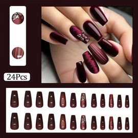 RUPOFUZA Press on Nails Medium Coffin Fake Nails with Smudged Flower Stripes Designs Dark Red Nails Press ons Glossy Red Full Cover Acrylic Nails Stick on Nails for Women 24 pcs
