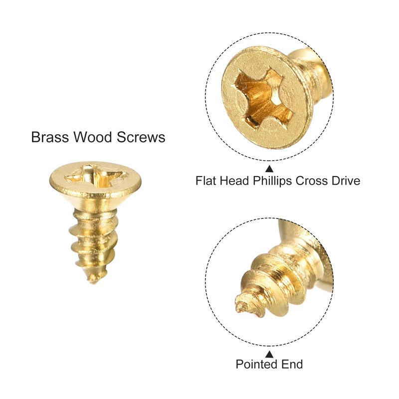 sourcing map Brass Wood Screws, M3.5x8mm Phillips Flat Head Self