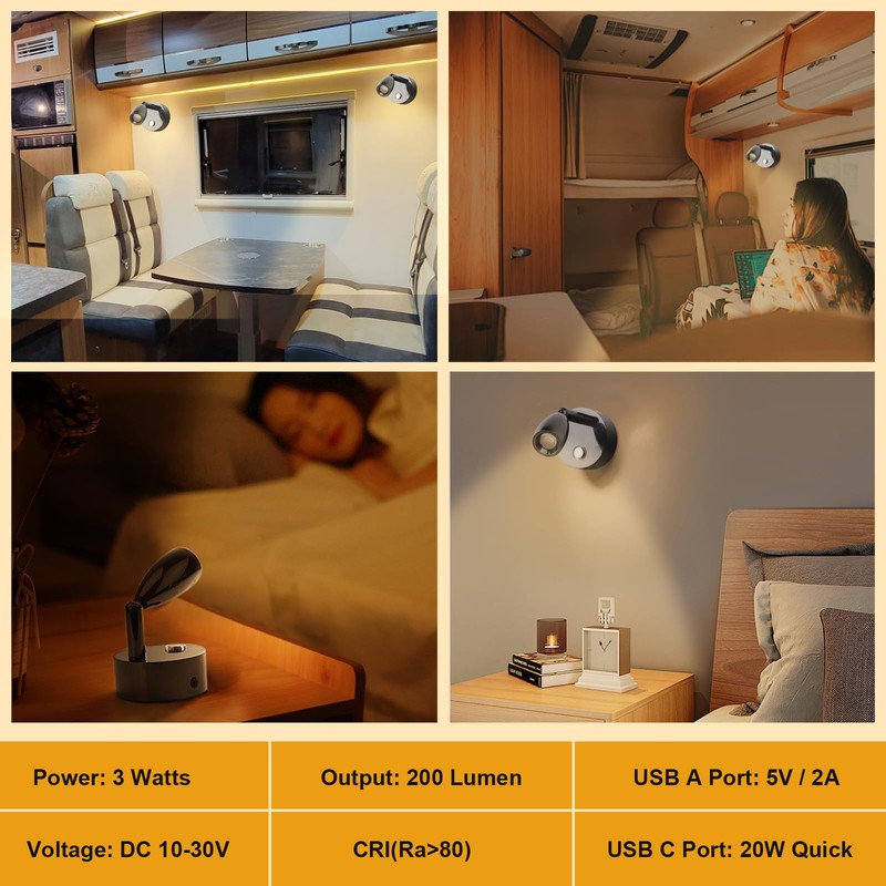 WTNYOU 12V LED Reading Light with Dual Charging Ports, Touch