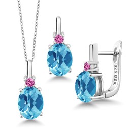 Gem Stone King 6.90 Ct Oval Checkerboard Swiss Blue Topaz Pink Created Sapphire 925 Sterling Silver Pendant and Earrings Jewelry Set