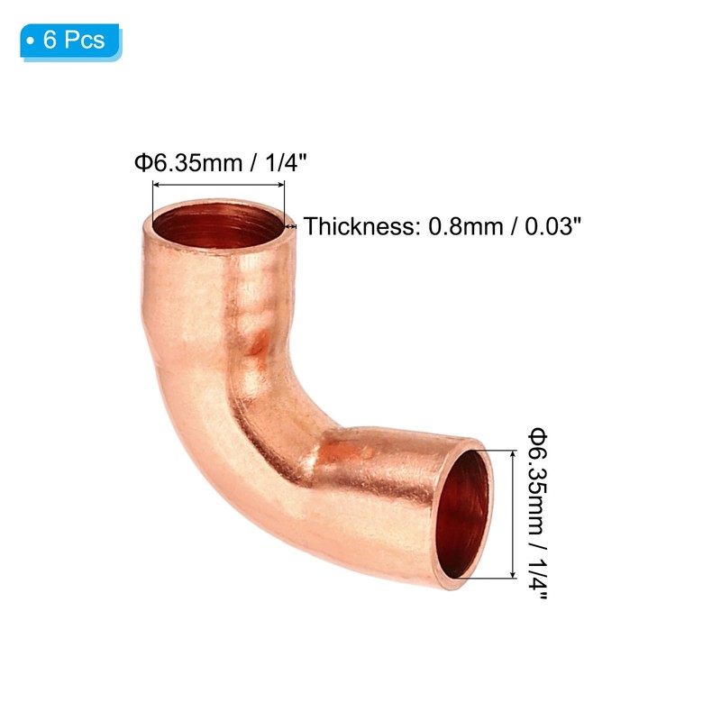 PATIKIL 1/4" ID 0.8mm Thick Elbow Copper Fitting, 6pcs 99.9%