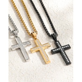Edulex Stainless Steel CZ Cross Necklace for Men Women, 18K Gold Plated 5A+ Cubic Zirconia Crucifix Pendant Christian Religious 3mm Rolo Chain Jewelry Present