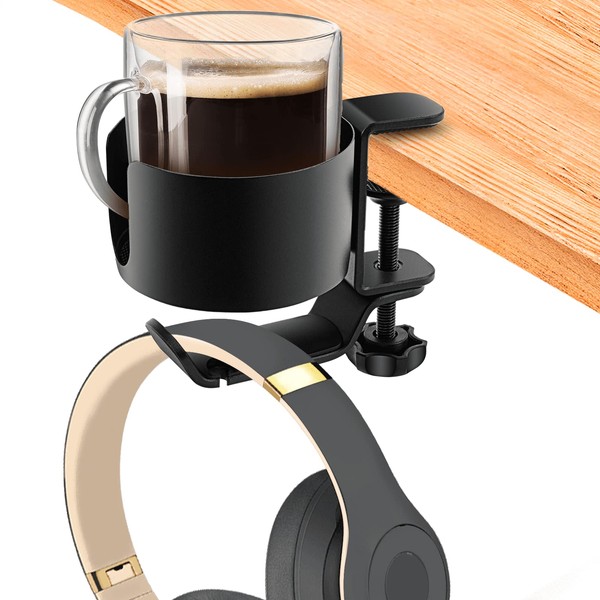 Desk Cup Holder, OOKUU 2 in 1 Desk Cup Holder with Headphone Hanger, Anti-Spill Cup Holder for Desk or Table, Easy to Install, Sturdy and Durable, Enough to Hold Coffee Mugs, Water Bottles, Headphones