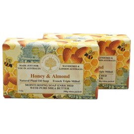 Wavertree & London Honey Almond Scented Natural Soap (2 Bars), 7oz Moisturizing French Triple Milled Soap Bars enriched with shea butter - Pure Plant Oil Bath & Body Soap for All Skin Types